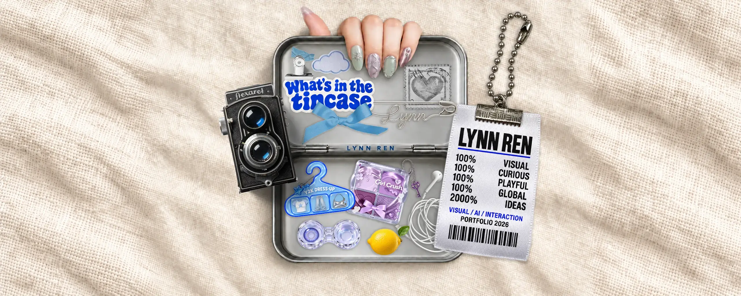 Lynn Ren's silver tin case filled with six project objects and personal design details